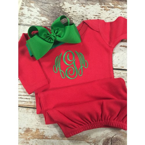 Monogrammed Christmas gown, newborn red and green outfit, baby Christmas pajamas