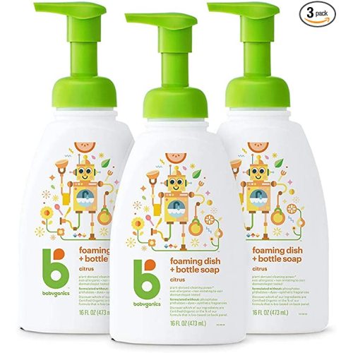 Babyganics Foaming Dish & Bottle Soap, Pump Bottle, Fragrance Free, Plant-Derived Cleaning Power, Removes Dried Milk, 16 Fl Oz, (Pack of 3), Packaging May Vary