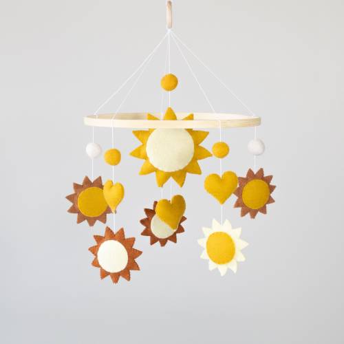 Handmade Felt Baby Mobile with Suns and Hearts, Unique Nursery Decor
