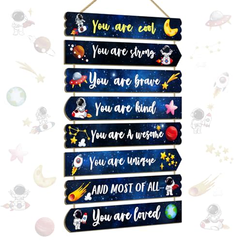 Easozoom Boys Kids Space Dino Game Rainbow Affirmation Wall Decor Art For Toddler & Baby Nursery Room Wood Signs & Decorations, Space