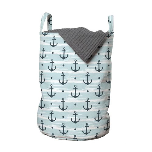 Anchor Laundry Bag, Pattern with Anchors Modern Adventurous Striped Coastline Marine, Hamper Basket with Handles Drawstring Closure for Laundromats, 13" x 19", Pale Blue Dark Green, by Ambesonne