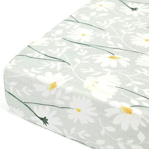GRSSDER Soft Muslin Crib Sheet 1 Pack, 100% Cotton Crib Sheets for Boys and Girls, Fit Standard Crib Mattresses 52" x 28" Safe and Snug, Stylish Daisy Print