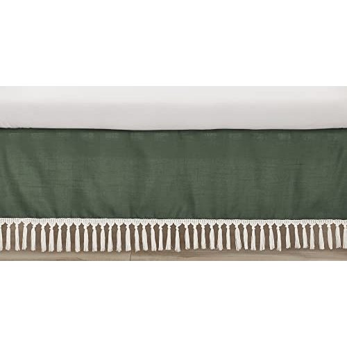Sweet Jojo Designs Dark Green Boho Boy Girl Gender Neutral Baby Crib Skirt Bed Dust Ruffle Bedskirt Straight Nursery Hunter Sage Modern Bohemian Farmhouse Southwest Shabby Chic Fringe Diamond Tuft