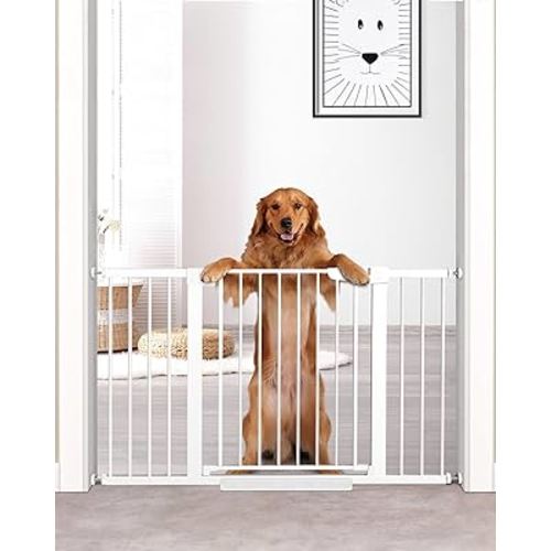 Cumbor 29.7"-51.5" Baby Gate Extra Wide, Safety Dog Gate for Stairs, Easy Walk Thru Auto Close Pet Gates for The House, Doorways, Child Gate Includes 4 Wall Cups,White, Mom's Choice Awards Winner