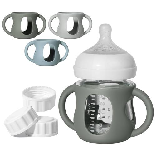 3 Pack Silicone Sleeves for Philips Avent Natural Glass Bottle Food Grade Anti Breakage Baby Bottle Holder with Handles and 3pcs Travel Bottle Caps (Dark Blue+Dark Green+Grey, 4oz)