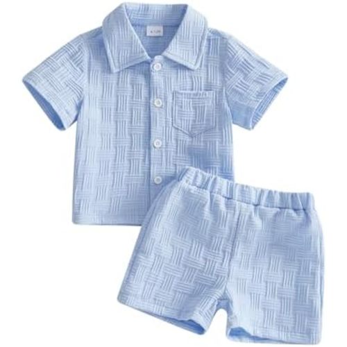 Toddler Baby Boy Clothes Solid Color Texture Button Down Collared Shirt Top Shorts 2 Piece Set Summer Casual Outfits