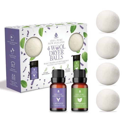 Pursonic 4-Pack Laundry Wool Dryer Balls with Lavender & Peppermint Essential Oil Scent - Reusable Fabric Softener Balls Made from Pure New Zealand Wool - 2.75" Diameter