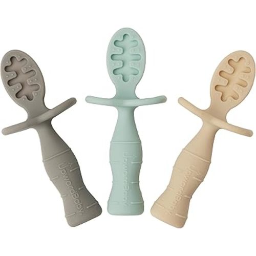 Upward Baby 3 Pack Silicone Baby Feeding Spoon with Anti Choke Barrier - Baby Spoons Self Feeding 6 Months - First Stage Infant Textured Baby Spoon and Toddler Utensils - Baby Led Weaning Spoons