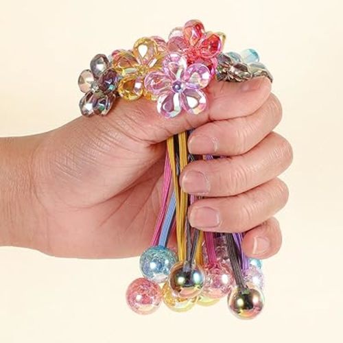 12 Pcs Ball Charm Hair Ties for Little Girls, Colored Camellia Rubber Band Bubble Hairband with Ball Beads, Flower-Shaped with Hair Beads Bauble Ponytail Holders for Toddler Girls