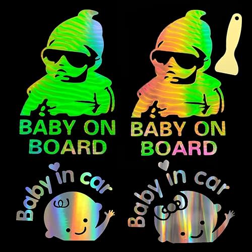 4 Pcs Baby On Board Sticker Set - Funny Cute Safety Signs, Waterproof Holographic Silver Decals for Car Windows