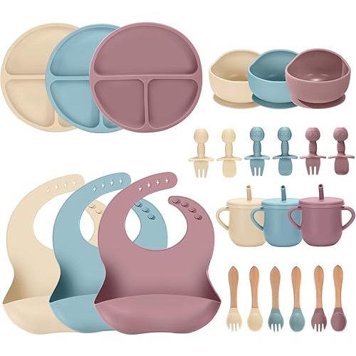 24 PCS Silicone Baby Feeding Set, Baby Led Weaning Supplies Includes Suction Bowls and Divided Plates, Adjustable Silicone Bib, Spoons&forks, Training cup with straw(Pink+Blue+Beige)