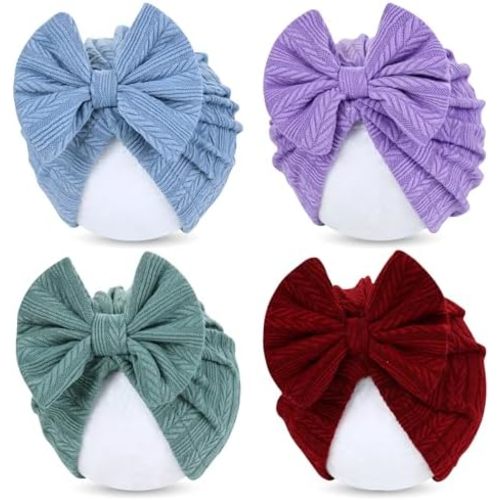 Cinaci 4 Pieces Baby Girls Turban Hats with Bow Newborn Hospital Caps Bonnets Beanies Headwraps for Infants Toddlers