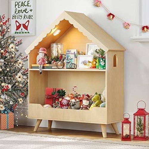 Kids Dollhouse Bookshelf, Wooden Bookcase Storage with Motion-Activated Light, 2-Tier Open Display Organizer for Toys and Books, Baby Bookshelf for Birthday, Christmas, Natural Wood Color
