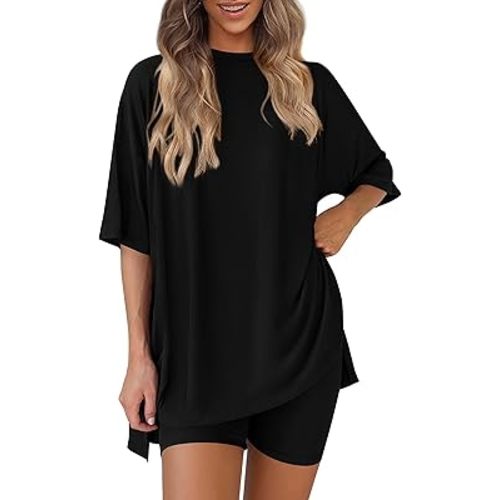 PRETTYGARDEN Women's Two Piece Lounge Set 2025 Summer Casual Oversized Shirts Biker Shorts Matching Airport Travel Outfit
