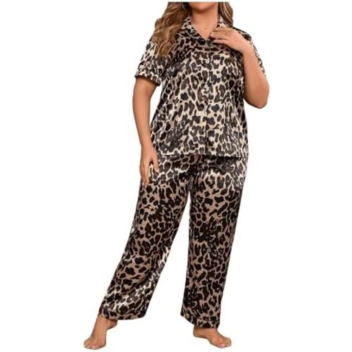 MakeMeChic Women's Plus Size Pajama Sets Leopard Print Button Down Shirt and Pants Satin Soft PJ Set