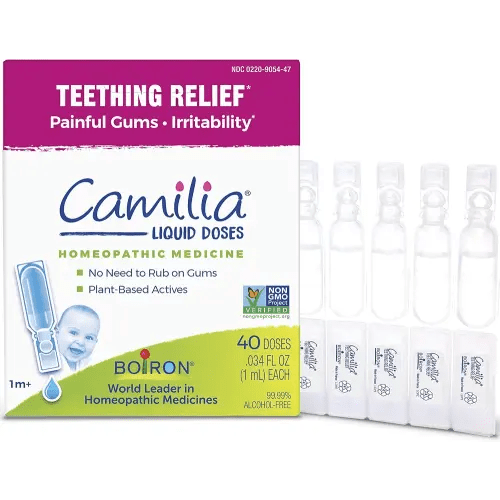 Boiron Camilia Teething Drops for Daytime and Nighttime Relief of Painful or Swollen Gums and Irritability in Babies - 40 Liquid Droppers Bundled in 8 separate packs of 5