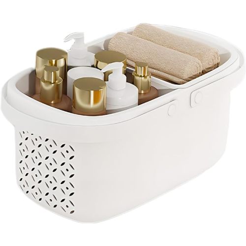 Pulseplay Plastic Shower Caddy Basket with Handle,White | College Dorm Room Essentials,Removable Compartment,Drain Design,Large Capacity Toiletry Bin for Bathroom Kitchen Camp Gym