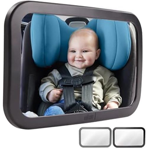 Gorilla Grip Shatterproof Crystal Clear Wide View Baby Car Seat Mirror, 360° Adjustable Rear Facing Infant Backseat Mirrors for Child Safety, Stay in Place Secure Straps, Babies Travel Gear, Black