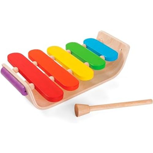 PlanToys Oval Xylophone Toddler Musical Instruments - Sustainably-Made Wooden Xylophone with 5 Colorful Panels , Sturdy Handle for Easy Grip, and Wooden Mallet