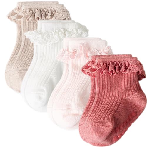 AQOKKA Baby Girl Toddlers Socks with Non-slip Grip Cute Frilly Ruffle Ankle Soft Cotton Newborn Baby Socks for Infant Kids