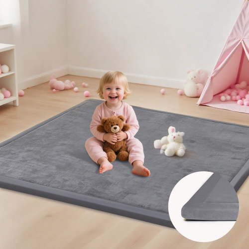 ACOMOPACK Baby Play Mat, 50"X50"X1.3"Thick Memory Foam Area Rug, Soft Coral Velvet Baby Crawling Mat With Non-Slip Backing, Tummy Time Mat, Tatami Padded Carpet, Baby Nursery Rug For Toddlers
