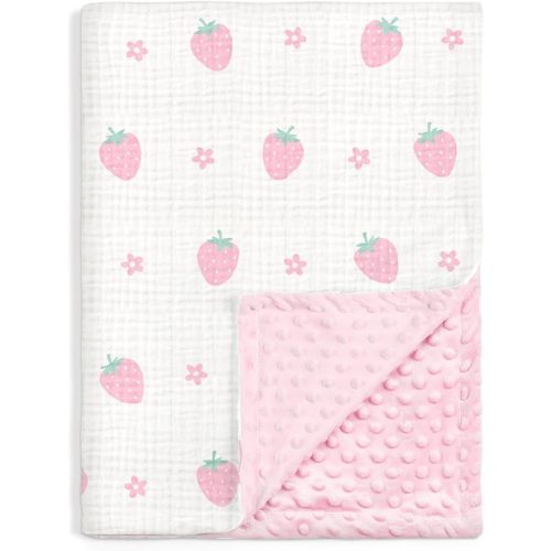 Strawberry Baby Blankets for Girls, Soft Nursery Minky Blankets with Muslin and Dotted Fleece Back 30x40 inches, Receiving Bed Quilt for Newborn, Infants, Toddlers