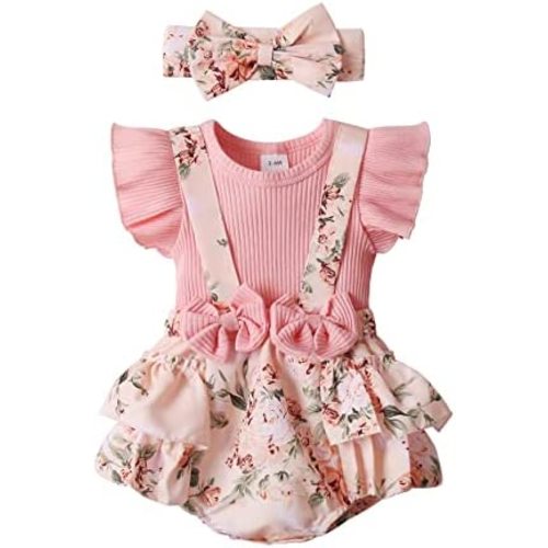 Newborn Baby Girl Clothes Infant Romper Floral Suspender Dress Ruffle Sleeve Onesie Outfit Jumpsuit Headband Spring Summer
