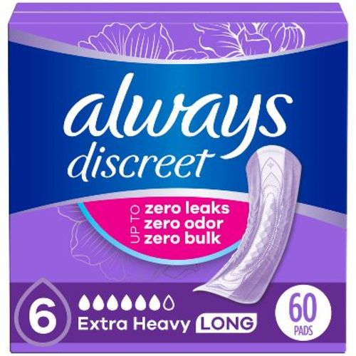 Always Discreet Incontinence and Postpartum Incontinence Pads for Women - Extra Heavy Absorbency - Long Length - 60ct