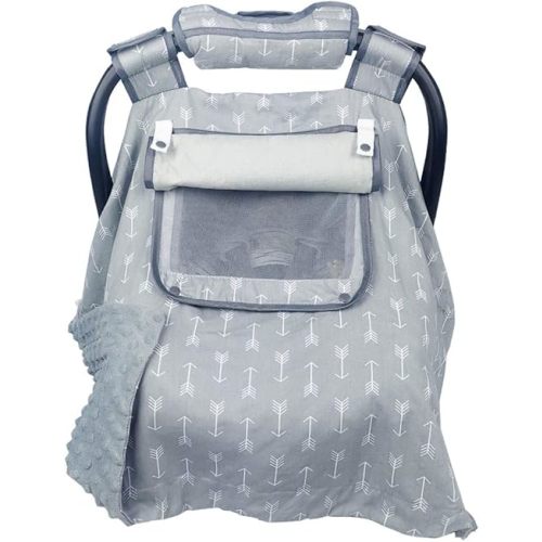 Car seat Covers for Babies boy Girl, Carseat Canopy for Newborn Carrier, 2 Layers Windows of mesh/Fabric, No Shifting on Carrier Handle, Handle Cushion, Cotton & Grey Minky