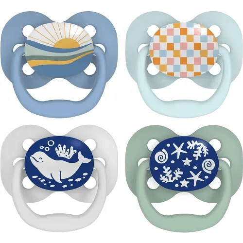 Dr. Brown's Advantage Glow-in-the-Dark Baby Pacifier, Fully Symmetrical Soother with Soft Silicone Bulb, Blue Sunrise-Blue Ocean, 0-6m, BPA Free, 4 Pack