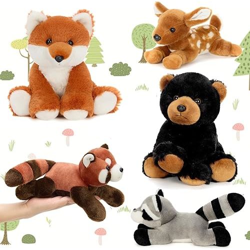 MaoGoLan 8 inch Woodland Stuffed Animals in Bulk for Kids - Bear Deer Fox Raccoon Red Panda Stuffed Plush Toys Set Baby Shower Party Favors Themed Party Decorations Christmas Easter Gifts