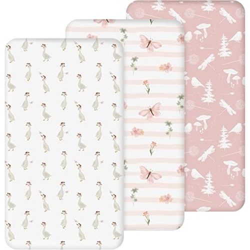 Nap Mat Sheet 47"x24", 3 Pack Pink Floral Baby Crib Sheets Fitted Elastic Corners, Preschool Day Care Rest Mat Cover, Soft Breathable - Compatible with Regalo My Cot, Joovy Travel Cot