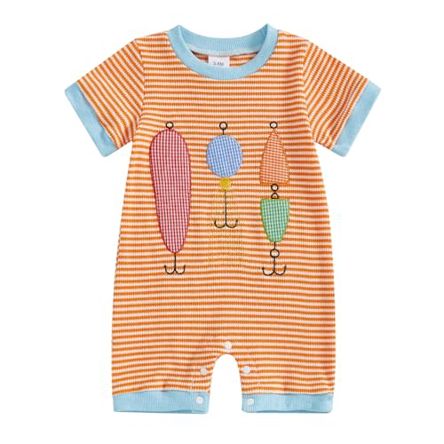 Lenjindjer Baby Boy Girl Summer Outfit Short Sleeve Stripe Waffle Fish Embroidery Jumpsuit Romper Newborn Fishing Clothes