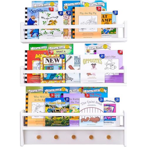 AZSKY Wall Mounted Nursery Floating Book Shelves for Kids Books White Baby Book Shelves for Wall Under Window Bookshelf 24 in Book Display Wall Shelf a Set of 3 Bathroom Organizer Spice Racks
