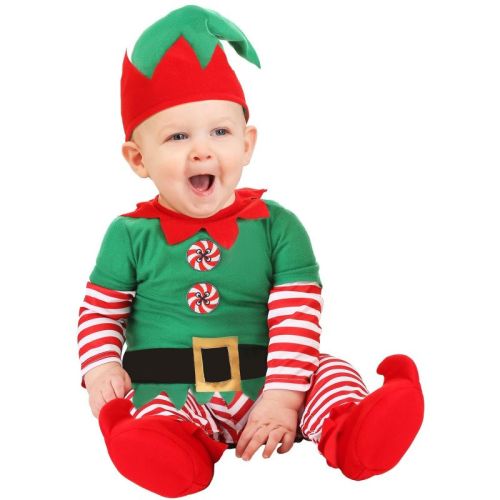 HalloweenCostumes.com 0/3 Months Infant Christmas Elf Costume, White/Green/Red