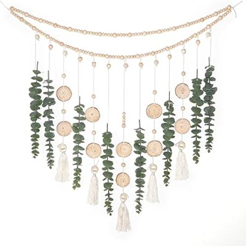 Artificial Hanging Eucalyptus Wall Decor Fake Greenery Leaves Wall Hanging Plants on Long Wooden Beads Garland Wall Art Large Boho Rustic Farmhouse Decor for Bathroom Bedroom Living Room Sage Green