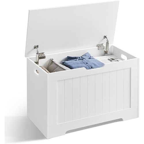 VASAGLE Chest, Storage 2 Safety Hinges, Shoe Bench, Farmhouse Style 15.7 x 29.9 x 18.9 Inches, for Entryway, Bedroom, Living Room, Cloud White ULHS11WT