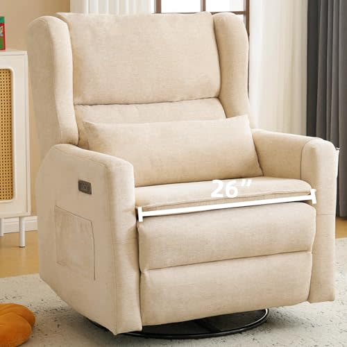 Rhevoy Oversized Swivel Rocker Recliner Chair, 26" Extra Wide Glider Nursery Chair with Adjustable Headrest, Chenille Power Recliner Rocking with Double Cushion, Cup Holder, Beige