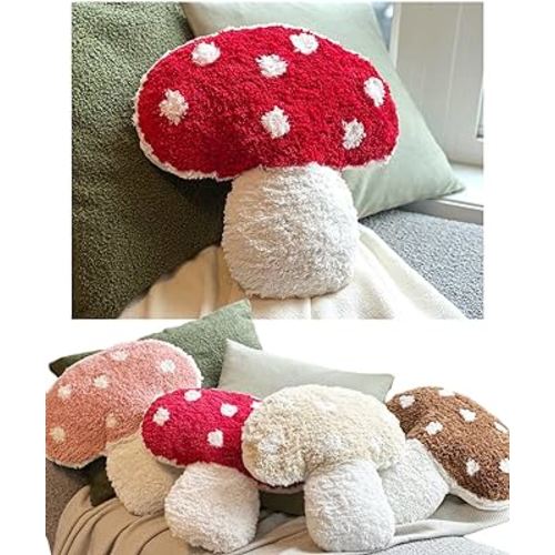 Mushroom Throw Pillow Tufted Mushroom Shape Decorative Cushion 15” x 15” – Mushroom Decor for Bed, Couch, Living Room (Red)