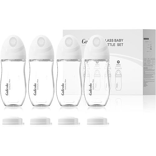 Natural Glass Baby Bottle 8 oz for Breastfed Babies, Anti-Colic Baby Bottle Set with Medium Flow Nipple, 3 Months +, 4 Pack - White