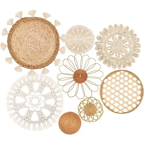 Boho Wall Basket Decor Set of 8 - Flat Woven Basket Wall Hanging Decor,Round Tassels White Macrame Tapestry Wall Decor Art,Handmade Rattan Wicker Seagrass Home Wall Baskets Decor(Boho Classic)