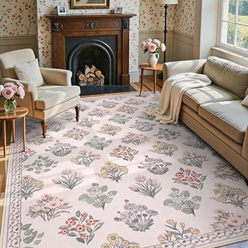 Wonnitar Pink Rugs for Bedroom Girls Dorm, Washable 5x7 Floral Rug, Ultra-Thin Non Slip Soft Moroccan Trellis Indoor Decor Carpet for Nursery Kids Room Living Room, Pale Pink
