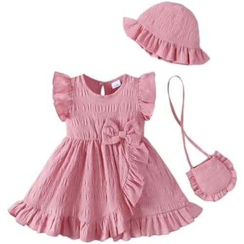 SODLON Toddler Baby Girl Dress Summer Clothes Outfits Ruffle Sleeveless Bow Dresses Beach Vacation Sundress with Hat