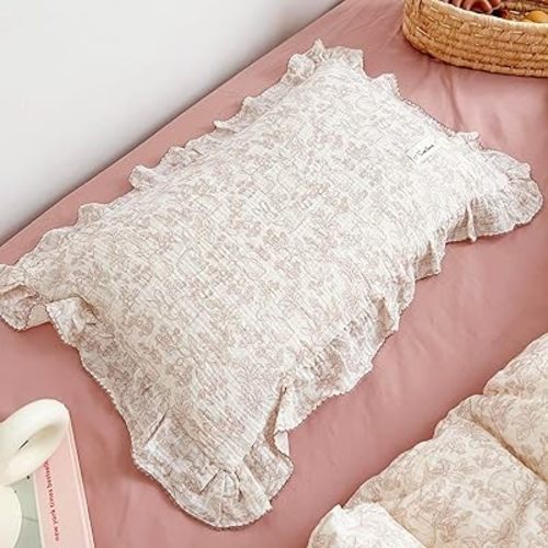 BuLuTu 100% Cotton Muslin Toddler Pillowcase with Ruffles Edges, Cute Rabbit Pattern Toddler Pillow Cover Soft Breathable Gauze Cotton Kids Pillow Cases for Boys,Girls, 1 Piece,Forest, 12"x20"