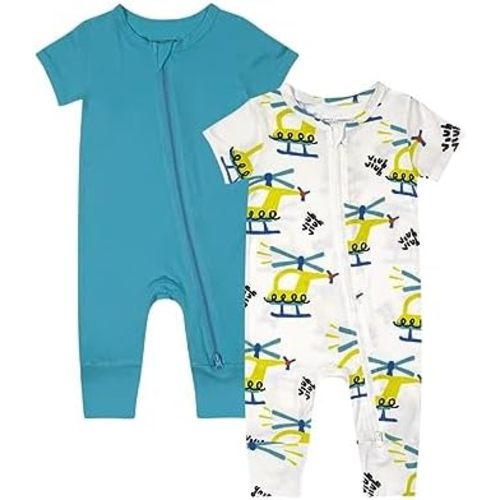 Teach Leanbh Baby Boys Girls 2 Pack Bamboo Viscose Pajamas 2 Way Zipper Short Sleeve Romper Jumpsuit Sleep and Play
