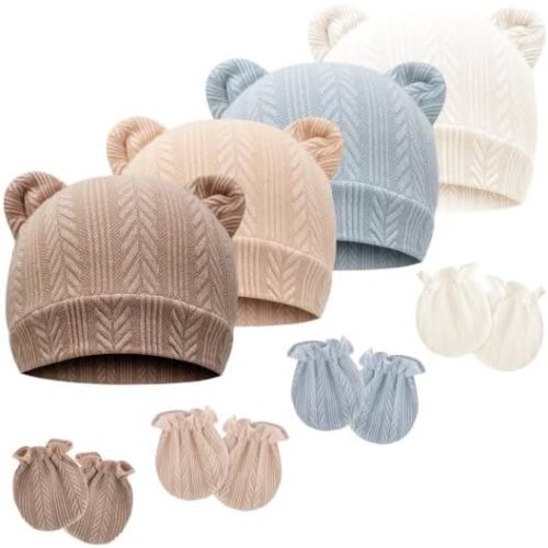 Newborn Baby Hat and Mittens Set Bear Ears Toddler Infant Beanie Caps Newborn Hospital Hat for Baby Boy Girl 0-3 Months