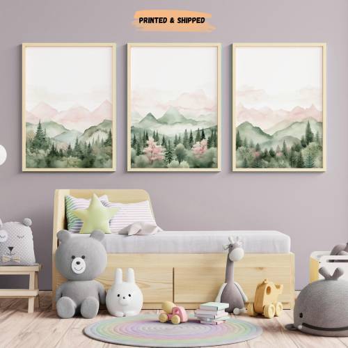 LakelzDecor Pink mountain nursery decor art prints, Set of 3, Forest nursery wall art, tree nursery decor, adventure sage green and pink