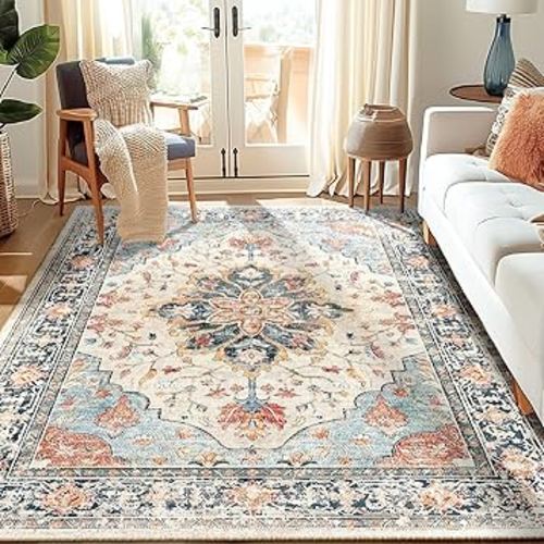 5x7 Area Rugs 5x7, Washable Rug, Non-Slip, Rugs for Living Room, Kitchen Rugs, Rugs for Bedroom Entryway Rug, Vintage Rugs Boho Floral Medallion, Low Pile, Soft, Beige Dark Blue Navy Red
