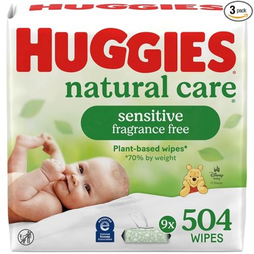 Huggies Natural Care Sensitive Baby Wipes, Unscented, Hypoallergenic, 99% Purified Water, 9 Flip-Top Packs (3 packs of 3), 504 Total Wipes (56 Wipes per pack), Packaging May Vary