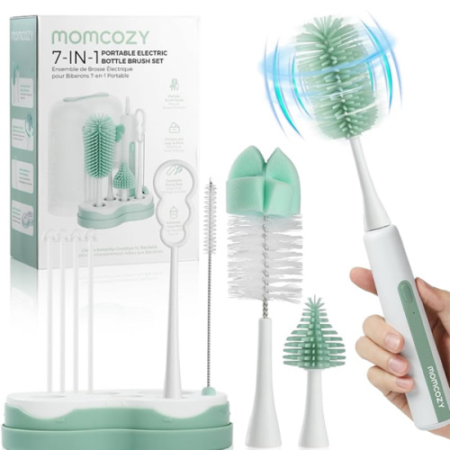 Momcozy 7 in 1 Electric Bottle Brush Kit, Portable Cleaning Set with Formula Mixer, Silicone Brush, Nipple Brush, Straw Brush, Soap Dispenser, Drying Rack - Long Battery Life for Home & Travel